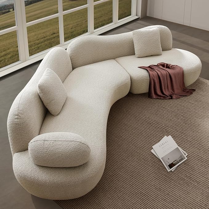 128" Luxury Curved Sectional Sofa with Ottoman, 6-Seater Boucle Couch Cloud Like Modular Sofa, Curved Sofas for Living Room, Luxury Couches with Butterfly Backrest Pillows (Beige)