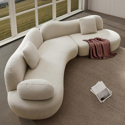 128" Luxury Curved Sectional Sofa with Ottoman, 6-Seater Boucle Couch Cloud Like Modular Sofa, Curved Sofas for Living Room, Luxury Couches with Butterfly Backrest Pillows (Beige)