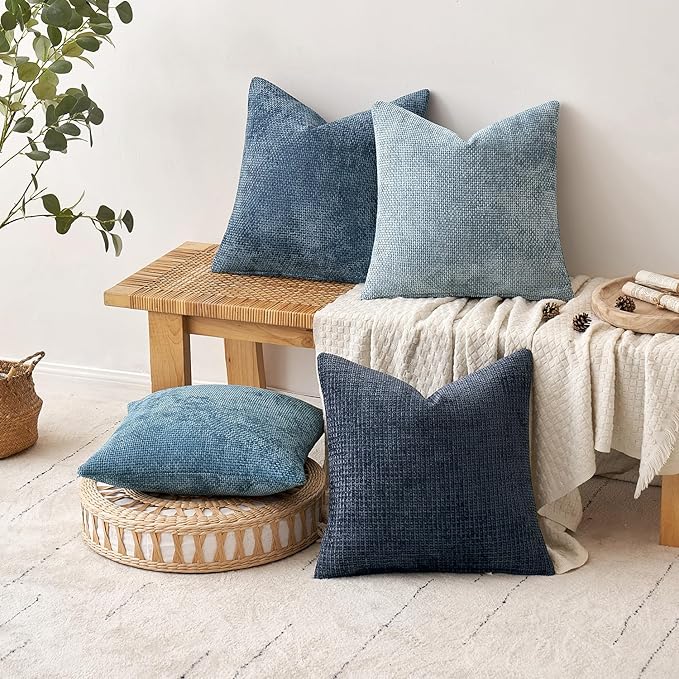 MIULEE Pack of 4  Throw Pillow Covers 18x18 Inch Neutral Blue Soft Decorative Chenille Pillow Covers Farmhouse Accent Cushion Covers for Boho Western Home Coastal Decor Bedroom Living Room