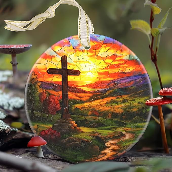 Cross 3.5 Inch Ceramic Christmas Hanging Ornament - Cross Ornament for Christmas Tree, Gift Exchange or Holiday Presents