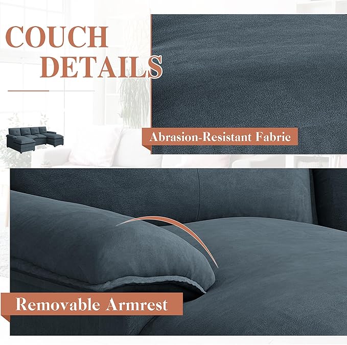 Meilocar U Shaped Sectional Sofa 110" 4 Seat Large Cloud Couch with Wide Chaise Double Cushions, Grey