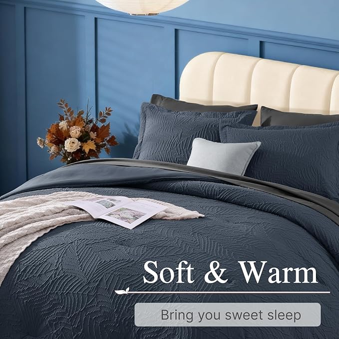Geniospin Full Size Comforter Set - Blue Gray Textured Bedding Sets Full 7 Pieces, Bed in A Bag with Comforter, Sheets, Pillowcases & Shams, All Season Blue Gray Bedding