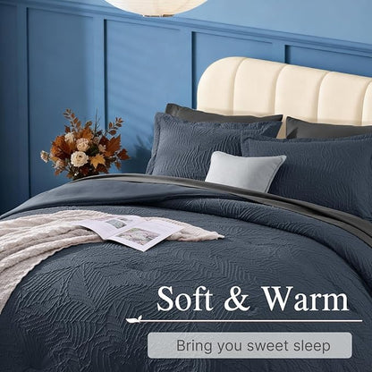 Geniospin Full Size Comforter Set - Blue Gray Textured Bedding Sets Full 7 Pieces, Bed in A Bag with Comforter, Sheets, Pillowcases & Shams, All Season Blue Gray Bedding