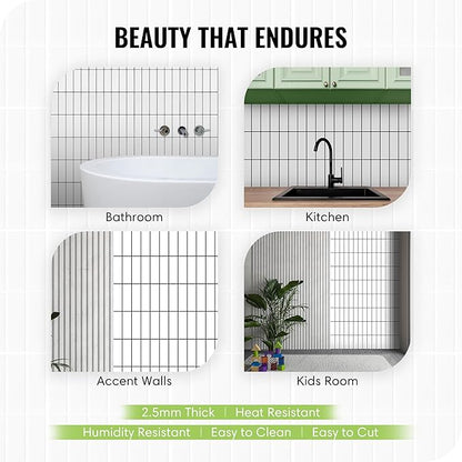 5 Pack Peel and Stick Backsplash Subway Tiles, Extra Thick 3D Wall Panels, Heat & Water Resistant,Easy DIY Kitchen,Bathroom, Laundry, Fireplace & Rental Home Wall Décor (12 x 12 in), White Black Grout