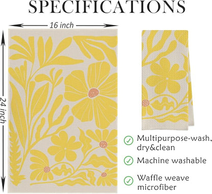 Boho Floral Dish Towels Vintage Abstract Flowers Waffle Weave Yellow Flower