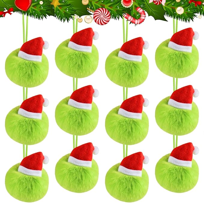 ASTARON 12 Pcs Christmas Lime Green Furry Ball Ornaments for Christmas Tree Decorations Soft Faux Fur Pom Pom Ball Ornaments for Fireplace Mantel Wall Xmas Decor Party Supplies