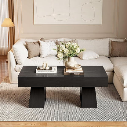 LITTLE TREE Farmhouse Coffee Table, 47 Inches Wooden Rectangular Accent Center Tables with Thick Base, Modern Low Cocktail Tea Furniture for Living Room (Black)