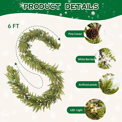 Bluesea 6FT Artificial Norfolk Pine Garland, Real Touch Pine Garland, Faux Christmas Greenery for Table Mantle Fireplace Indoor Outdoor Xmas Decorations (1 Pcs)