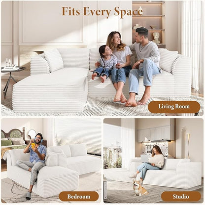 Vesgantti 106" Boneless Couch with Chaise, Deep Seat Comfy Cloud Modular Sofa CorduroySectional for Living Room Bedroom, No Assembly Required (Beige, Left-Facing Chaise)
