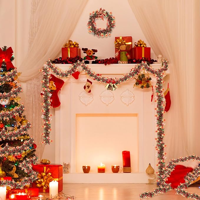 50FT Red Green Christmas Tinsel Garland with Gingerbread Man Ornaments, Thick Metallic Twist Xmas Garland for Tree Decorations Fireplace Mantel Home Office Stair Party Indoor Outdoor Holiday Decor