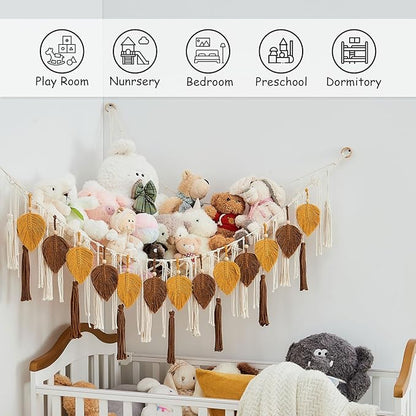 Pretty Jolly Stuffed Animal Storage with Hand Woven Leaf Tassels Hammock Corner Hanging Net Boho Macrame Plush Storage for Kid Room Nursery Decor Wall Display for Girls Gift(Dark Yellow&Caramel)