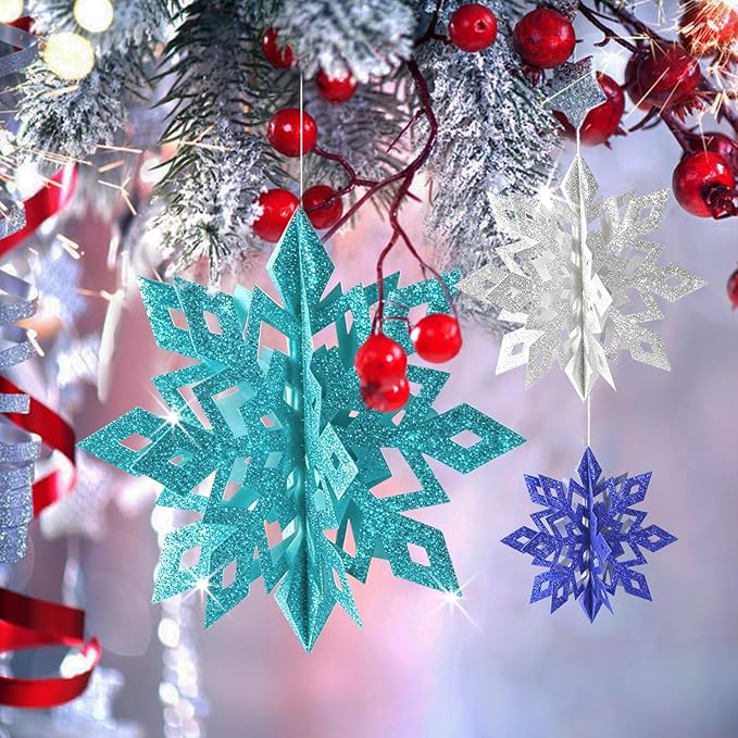 GuassLee Christmas Hanging Snowflakes Decorations, 15pcs 3D Paper Snowflakes Hanging Ornaments Glitter Blue Silver Snowflake Garlands for Winter Wonderland Frozen Christmas Birthday Party Decorations