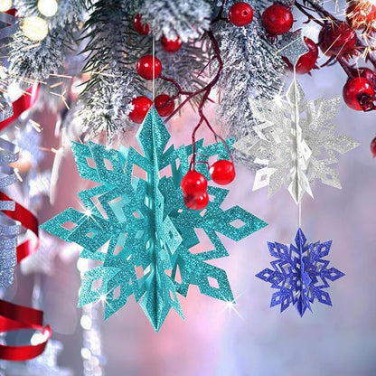 GuassLee Christmas Hanging Snowflakes Decorations, 15pcs 3D Paper Snowflakes Hanging Ornaments Glitter Blue Silver Snowflake Garlands for Winter Wonderland Frozen Christmas Birthday Party Decorations