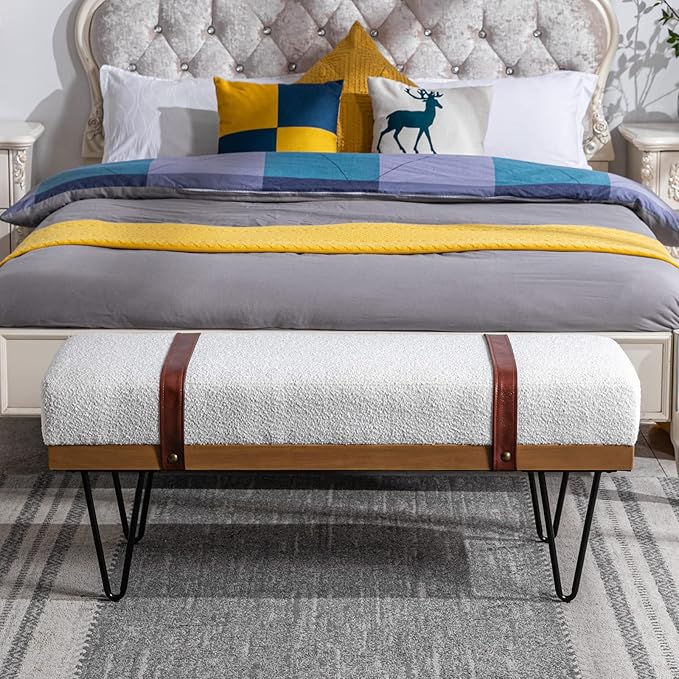 DUOMAY Industrial Modern Rectangle Ottoman Bench with PU Strap and Metal Legs, Mid Century Sherpa Dining Table Bench Footstool Entryway Shoe Bench for Bedroom Dining Room Living Room, White