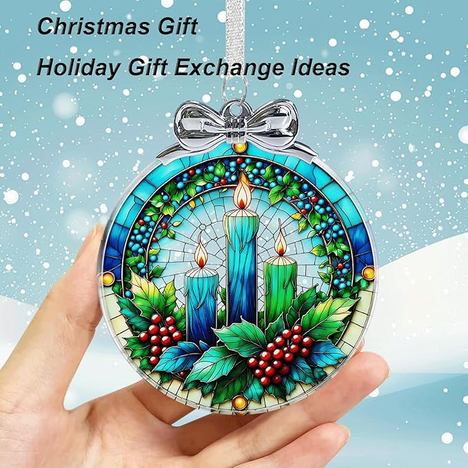 Christmas Candle Stained Glass Ornament - Hanging Ornaments for Christmas Tree, Christmas Ornaments Xmas Decorations, Holiday Keepsake Present Exchange Ideas