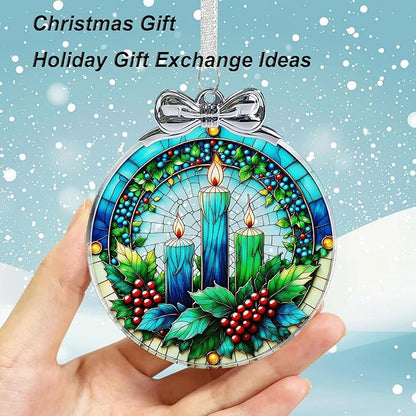 Christmas Candle Stained Glass Ornament - Hanging Ornaments for Christmas Tree, Christmas Ornaments Xmas Decorations, Holiday Keepsake Present Exchange Ideas