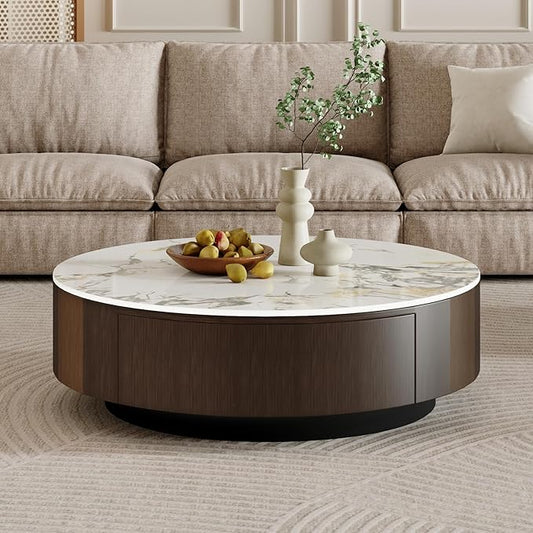 35.43" Modern Coffee Table for Living Room, Round Coffee Table with Storage Drawer, Sintered Stone Top with Metal Base, NO Assembly Living Room Table Tea Table for Home Office