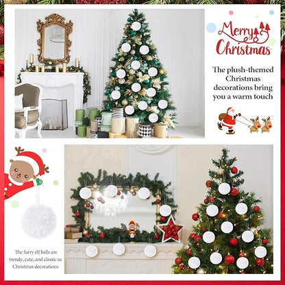 12Pcs Furry Christmas Ball Ornament for Xmas Tree White Soft Faux Fur Pom Pom Ball Ornaments Christmas Tree Hanging Decorations for Winter Party Home Decor Costume Supplies