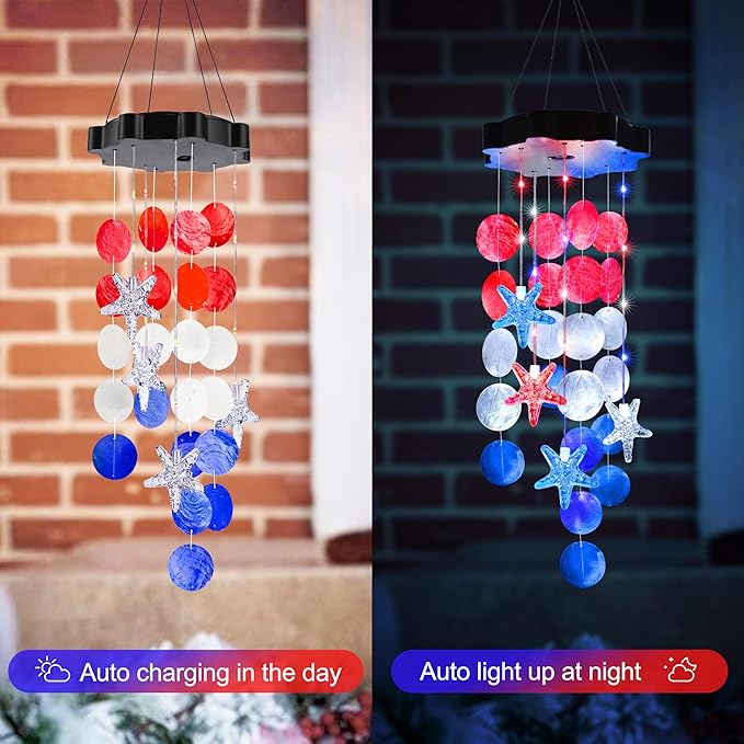 Solar Shell Gift for Mom Grandma Girls, Christmas Red White Blue Solar Wind Chimes for Outside, Christmas Decorative Mobile Lights for Garden, Yard, Patio, Window, Party, Outdoor Decorations
