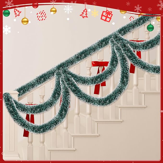 50ft Green & White Christmas Tinsel Garland - Metallic Glitter Twist Garland Hanging Streamers for Xmas Tree Decorations Indoor/Outdoor Decor