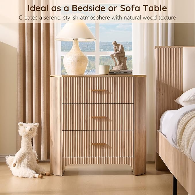 Fluted 3 Drawers Nightstand with Charging Station,31.7" W Bedside Table with Curved Profile Design,End Table Storage with USB Ports for Bedroom,Living Room,Gold Metal Handle,Light Oak