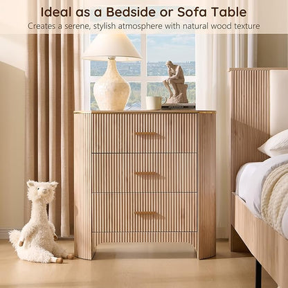 Fluted 3 Drawers Nightstand with Charging Station,31.7" W Bedside Table with Curved Profile Design,End Table Storage with USB Ports for Bedroom,Living Room,Gold Metal Handle,Light Oak