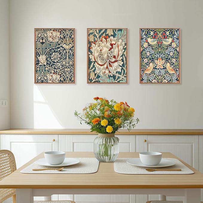 ILLBDR Framed Wall Art William Morris Botanical Flower Canvas Wall Art Set of 3, William Morris Print Abstract Floral Artwork Farmhouse Rustic Decor for Living Room Bedroom 16x24 Inch