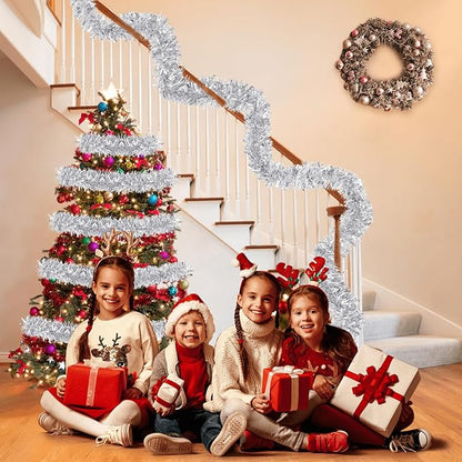 50 Feet Christmas Tinsel Garland Metallic Twist Shiny Garland for Xmas Christmas Tree Decorations,Holiday Home Party Supplies Indoor Outdoor Decor (Silver)