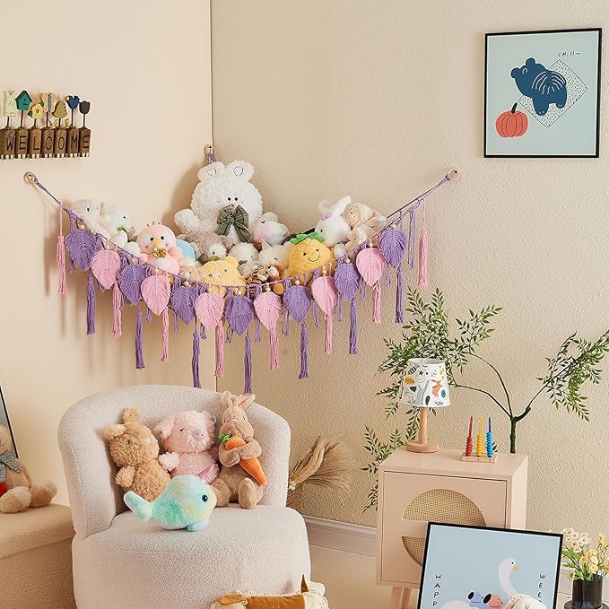 Pretty Jolly Stuffed Animal Storage with Hand Woven Leaf Tassels Hammock Corner Hanging Net Boho Macrame Plush Storage for Kid Room Nursery Decor Wall Display Organizer for Girls Boy Gift(Purple)