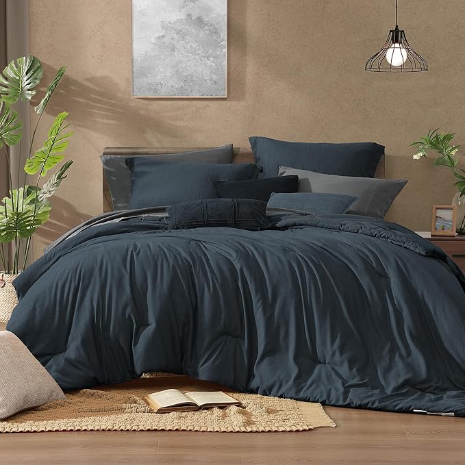 Monbix King Size Comforter Set, Navy Blue King Size Bed Set Reversible, King Comforter Set 7 Pieces, Cationic Dyeing Bed in a Bag with Comforter, Sheets, Pillowcases & Shams