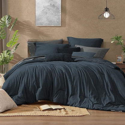Monbix Full Size Comforter Set, Navy Blue Bedding Comforter for Full Size Bed Set Reversible, Bedding Sets Full 7 Pieces, Cationic Dyeing Bed in a Bag with Comforter, Sheets, Pillowcases & Shams