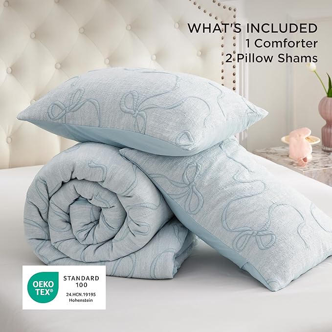 Bedsure Full Comforter Set, Dusty Blue Boho Tufted Bed Set, 3D Puffy Jacquard Bedding Full Size, 3 Pieces, 1 Farmhouse Shabby Chic Embroidery Comforter with Bow Pattern & 2 Pillow Cases