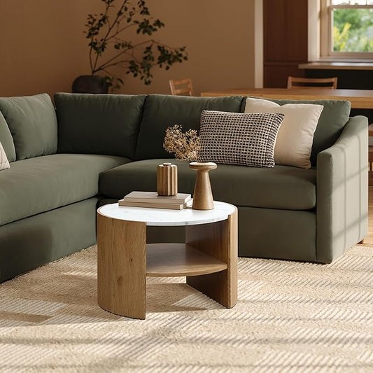 LuxenHome Modern Round Coffee Table with Faux Marble Top & Oak Finish Wood Base, 23.5” Small Center Table with Open Storage Shelf, Wooden Accent Table for Living Room, Apartment, or Office