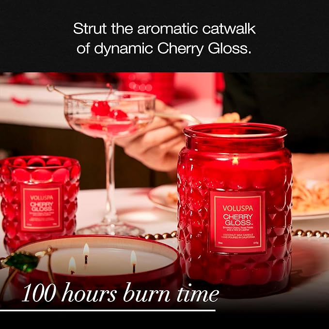 Voluspa Cherry Gloss Large Jar Candle, 18 oz, Coconut Wax Blend, Scented Candles for Home, 100 Hour Burn Time, Fruity Candle, Handcrafted in The USA