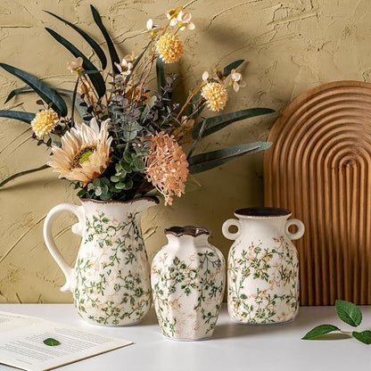 Ceramic Vases Set of 3, Green & Beige Chinoiserie Flower Pitcher Vase, Farmhouse Vintage Floral Vase Home Decor for Mantle, Fireplace, Kitchen Counter, Living Room Bookshelf Rustic Table Centerpiece