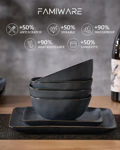 Famiware Dinnerware Sets for 8, Ocean Square 24-Piece Kitchen Plates and Bowls Sets, Microwave and Dishwasher Safe, Scratch Resistant, Matte Black
