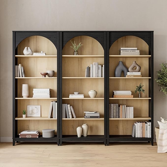 Prepac Ark 78" Tall 5-Tier Arched Bookcase, Black Oak with Oak Finish Interior, Modern Storage Accent Bookshelf with 3 Adjustable Shelves for Home, Office, Living Room, Bedroom