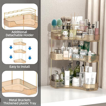 Corner Bathroom Counter Organizer with Top Toothbrush Holders, 3-Tier Make Up Organizers for Vanity with Brush Holder, Corner Storage for Bathroom, Kitchen, Dresser