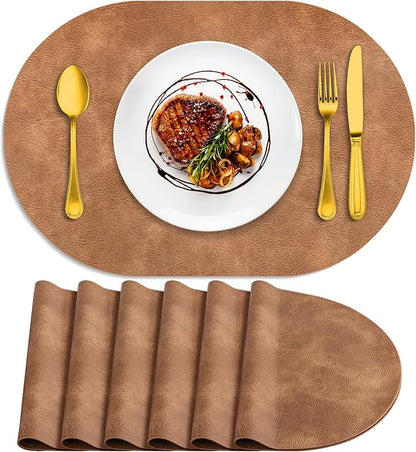 ADRIMER Placemats, Heat Resistant Oval Placemats Set of 6 Washable 12 x 17 Inch, Waterproof Table Mats, Wipeable Pu Place Mats for Kitchen, Dining Room, Sandy Light Brown