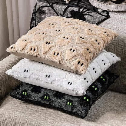 DFXSZ Halloween Pillow Covers 16x16 inch Set of 2 Beige Ghost Throw Pillow Cases Soft Plush Faux Fur Wool Cushion Case for Chair Bedroom Living Room Home Decor PTK03D16