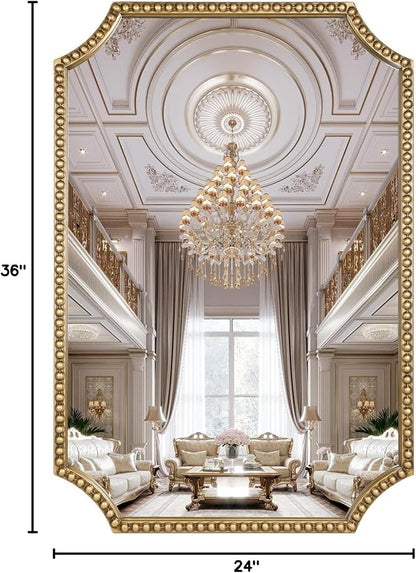 24"x36" Mirror for Wall, Scalloped Corners Rectangle Decorative Mirror, Metal Beaded Frame Accent Wall Decor for Bathroom, Entryway, Mantel, Antique Gold