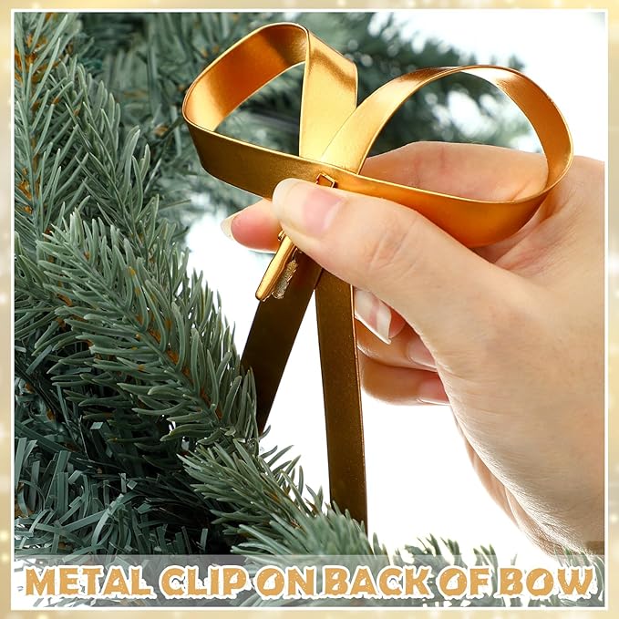 24 Pcs 2025 Metal Christmas Bow Ornaments for Christmas Tree Garland Wreath Bulk Bow with Clip Ornament Vintage Indoor Outdoor Home Xmas Party Decorations, 4 x 5 Inches (Gold)