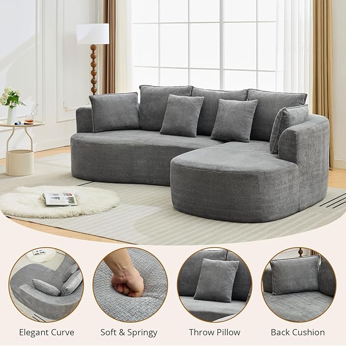 106” Curved Modular Sectional Sofa, Cloud Sectional Couch with Chaise/Deep Seat/Armrest/Chenille Fabric, No Assembly Required, Space-Saving, Boneless Compression Sleeper Sofa for Living Room