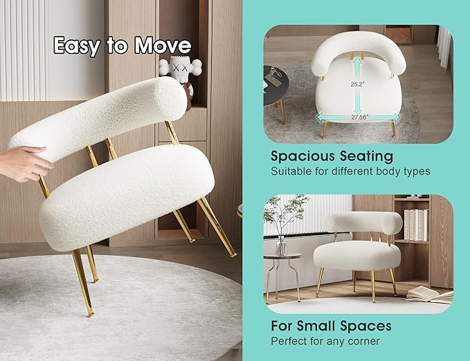 Mid Century Sherpa Boucle Accent Chair, Round Upholstered Barrel Arm Chair for Small Spaces, Fluffy Side Corner Chair for Living Room, Bedroom, Vanity, Office, Reading Nook(Cream White)