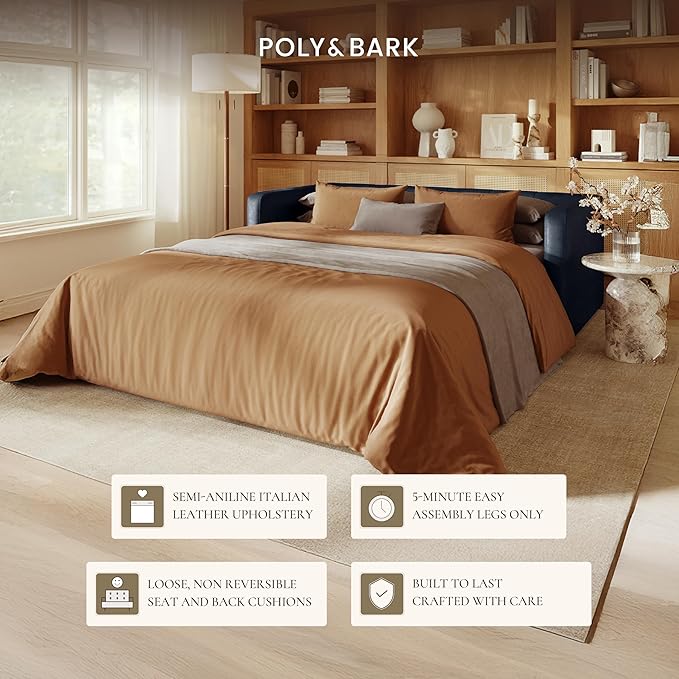 POLY & BARK Napa 82" Leather Pull-Out Convertible Sleeper Sofa in Midnight Blue
