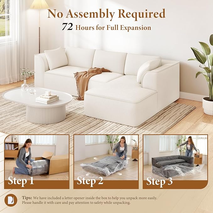 Vesgantti 106" Cloud Sectional Couch with Chaise, Deep Seat Modular Sectional Sofa Chenille Sofa Boneless Couches for Living Room Bedroom, No Assembly Required (Beige, Right-Facing Chaise)