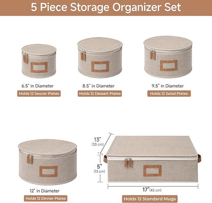 StorageWorks China Storage Containers, Hard Shell Storage Boxes for Plates, Mugs, Stemware Storage Cases, Holds up to 12 Place Settings, Foldable and Stackable Organizers, 5 Pack, Brown and Beige