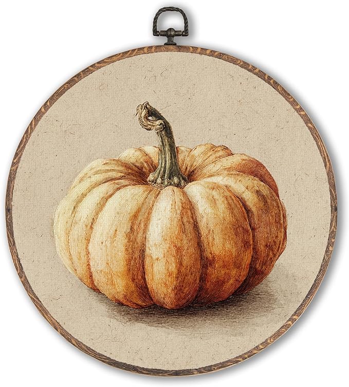 Hxlac Vintage Fall Pumpkin Print Round Wall Art Framed, Rustic Fall Round Wall Decor, Halloween Autumn Hanging Canvas Prints Wall Sculptures for Home Living Room Bedroom Decor, 10x10 Inch