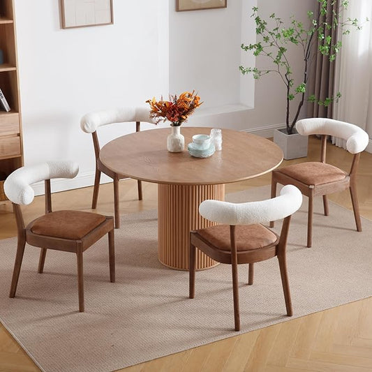 Wood Dining Chairs Set of 4, Mid Century Modern Living Room Chairs with Unique Curved Sherpa Open Back Comfy PU Upholstered Side Chair for Kitchen/Restaurant/Reception, Brown