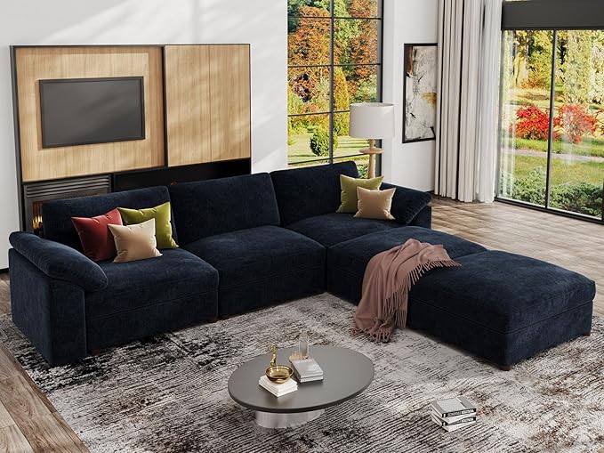 EASE MOOSE Blue Modular Sectional Couch,Oversized Deep Seat L Shape Sectional Couch,Comfty Chenille Modular Sofa for Living Room, Removable Cover